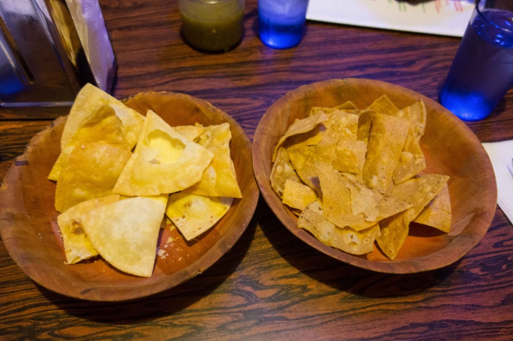 Flour tortilla chips on the left, cor tortilla chips on the right