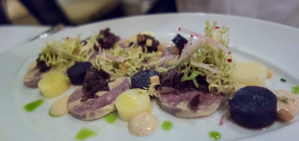 Chilled composition of Sauccison a L'ail and Garden Potatoes.