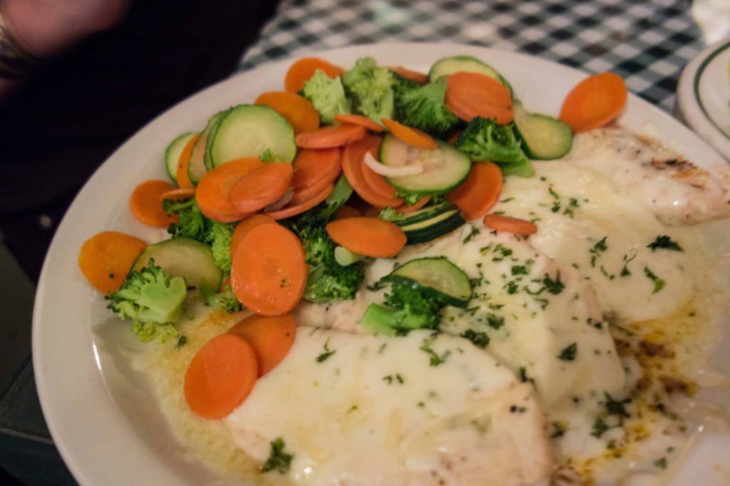 Chicken saltimboca with vegetables instead of pasta.  BJ making the healthy, lo-cal choice.