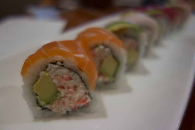Rainbow roll--crab inside, then rice, then various cuts of fish.