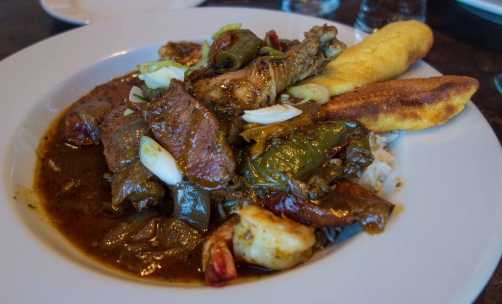 Chicken, sausage, shrimp, rice and gumbo file, dressed with cornbread sticks.  Just like being in New Orleans.