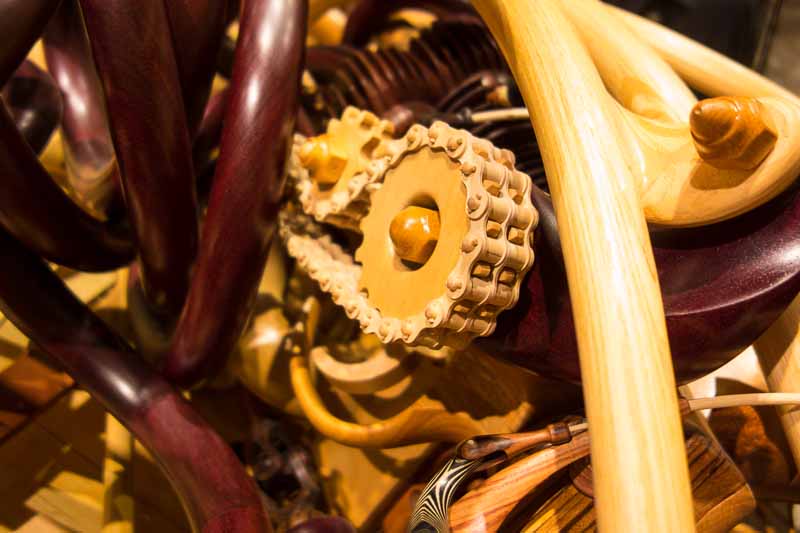 Close up of the incredible detail work--a hand made, wooden, drive chain