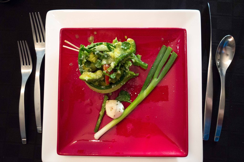 Avocado chunks in a cucumber timbale