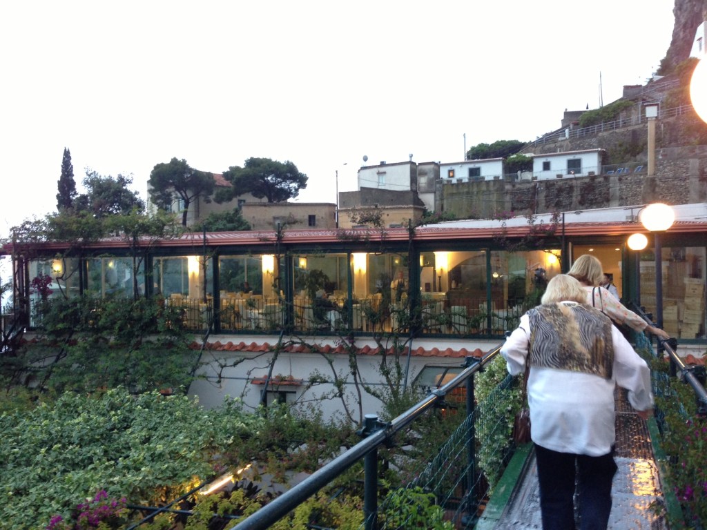 Walking on the bridge to the trattoria