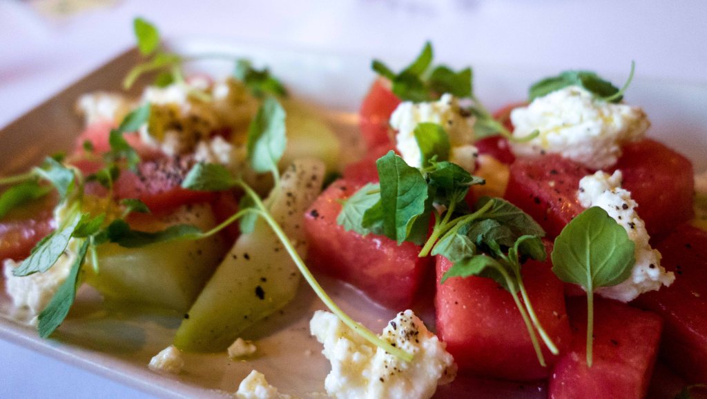 Melon salad with marinated feta and basil