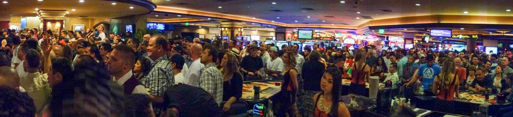 A panorama shot of the crowd watching the fight.