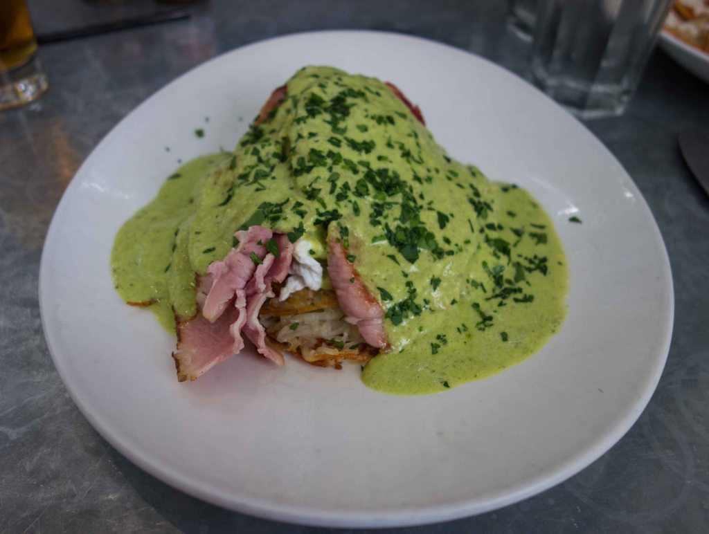 Poached eggs, ham, potatoes and lemon/leek cream.