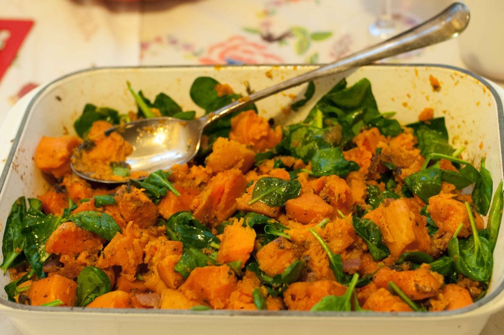 Exceptionally good yams, with spinach and bacon.