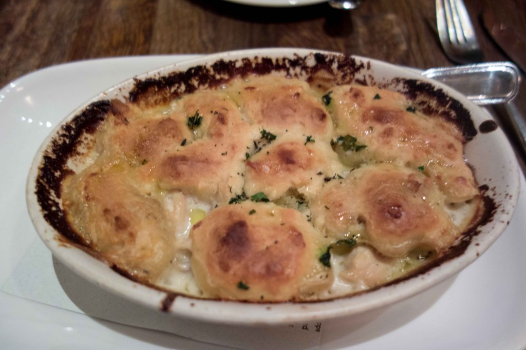 Chicken and wild mushrooms baked in a pie.