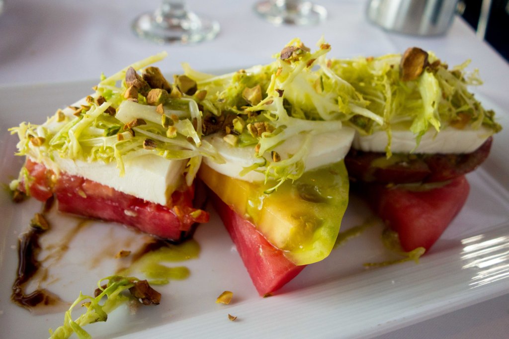 Heirloom tomato caprese salad with watermelon.