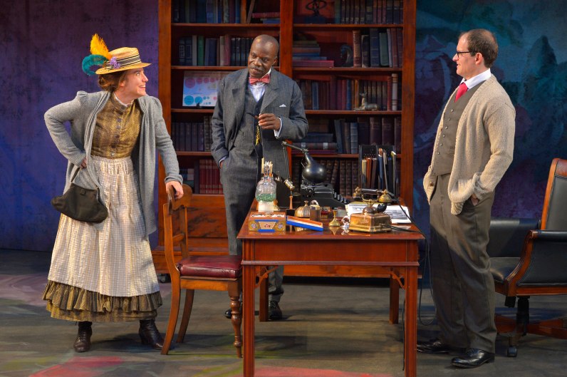 (L to R) Irene Lucio as Eliza Doolittle, L. Peter Callender as Col. Pickering, and Anthony Fusco as Henry Higgins in California Shakespeare Theater's production of Pygmalion, directed by Jonathan Moscone; photo by Kevin Berne.
