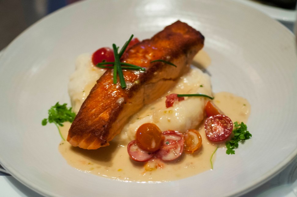 Grilled Salmon, mashed spuds and tiny tomatoes. 