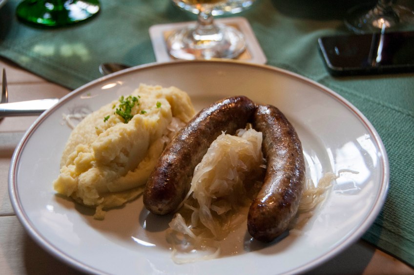The sauerkraut is marinated in wine.  Not a bad idea.