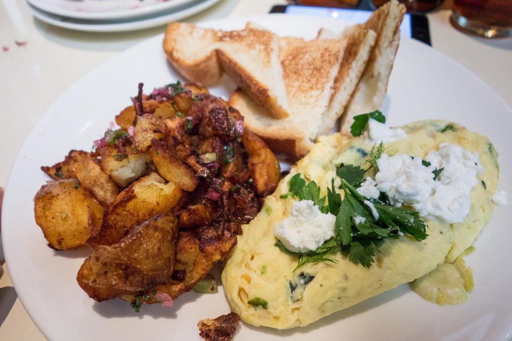 Eggs, brussels sprouts and potatoes.