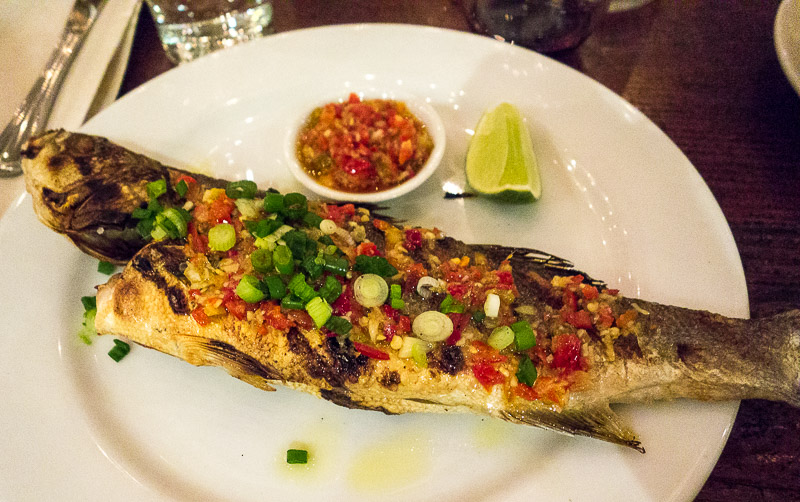 Whole grilled Branzino, just in from the Mediterranean