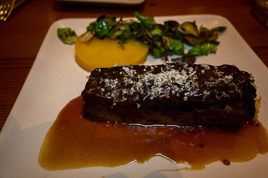 Very slowly cooked short rib. That's rutabaga in the back.