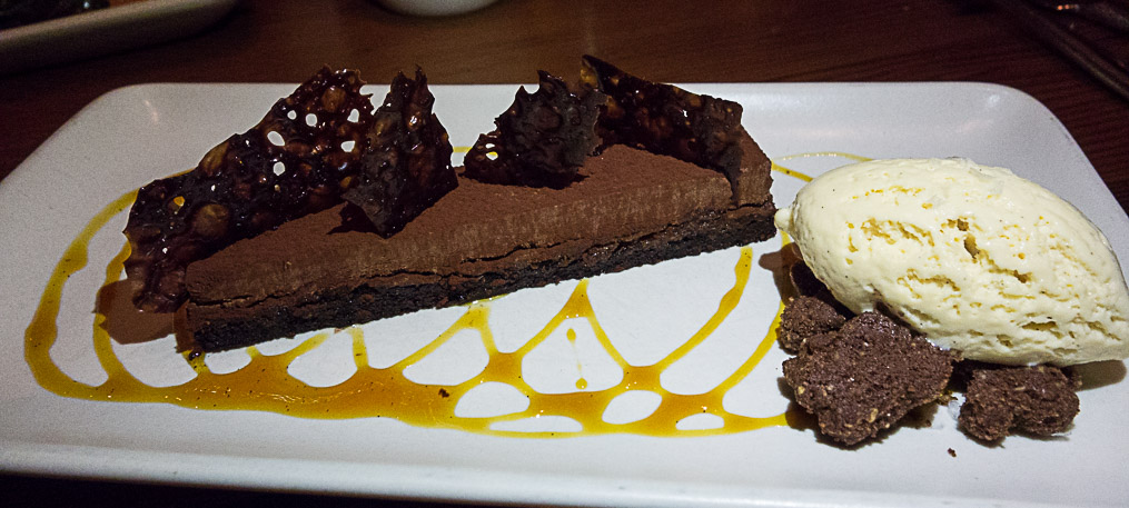 Dark chocolate, hazelnuts, lace crisp and salted caramel ice cream.