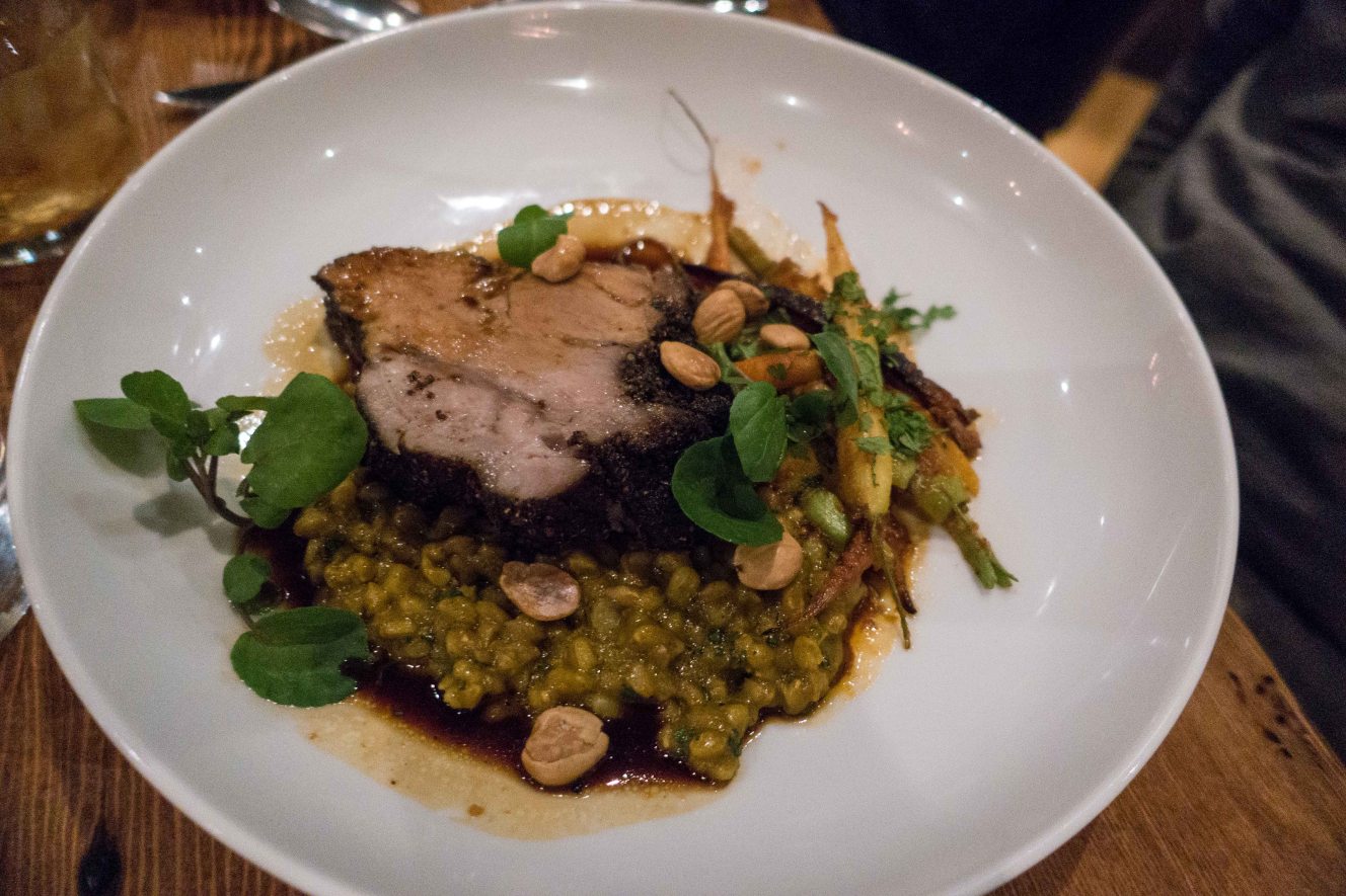 Roasted pork, barley, cermoula, carrots and romesco