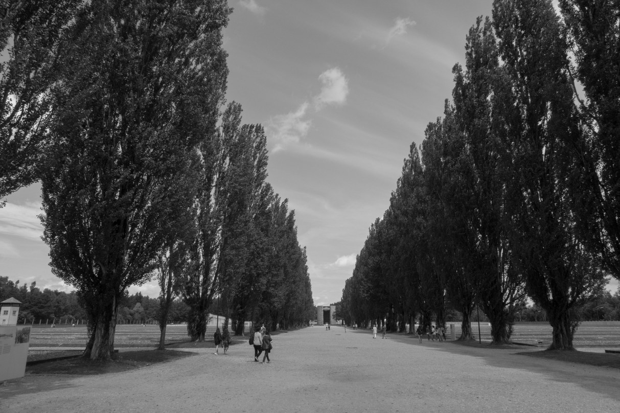 Freedom way, the street between the rows of barracks. A Catholic memorial is at the end.