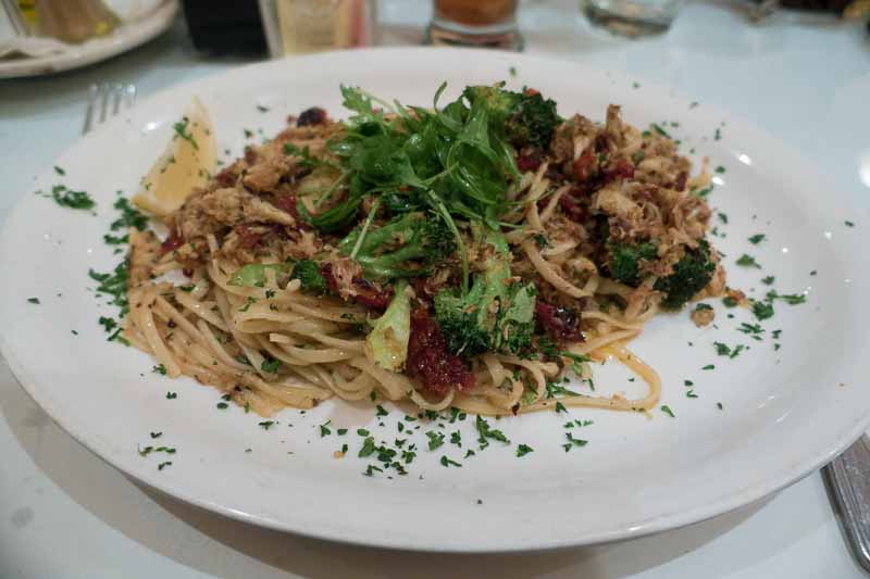 Linguine, crab and broccoli.