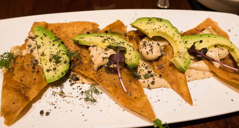 Miso chips with tahini and avocado