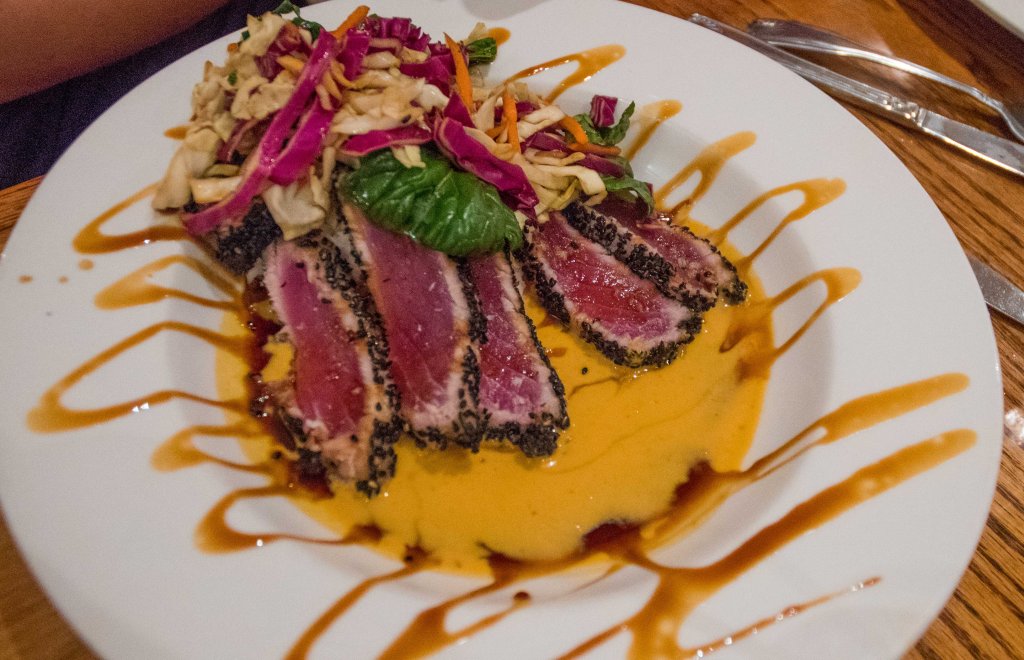 Sesame crusted ahi in Thai curry