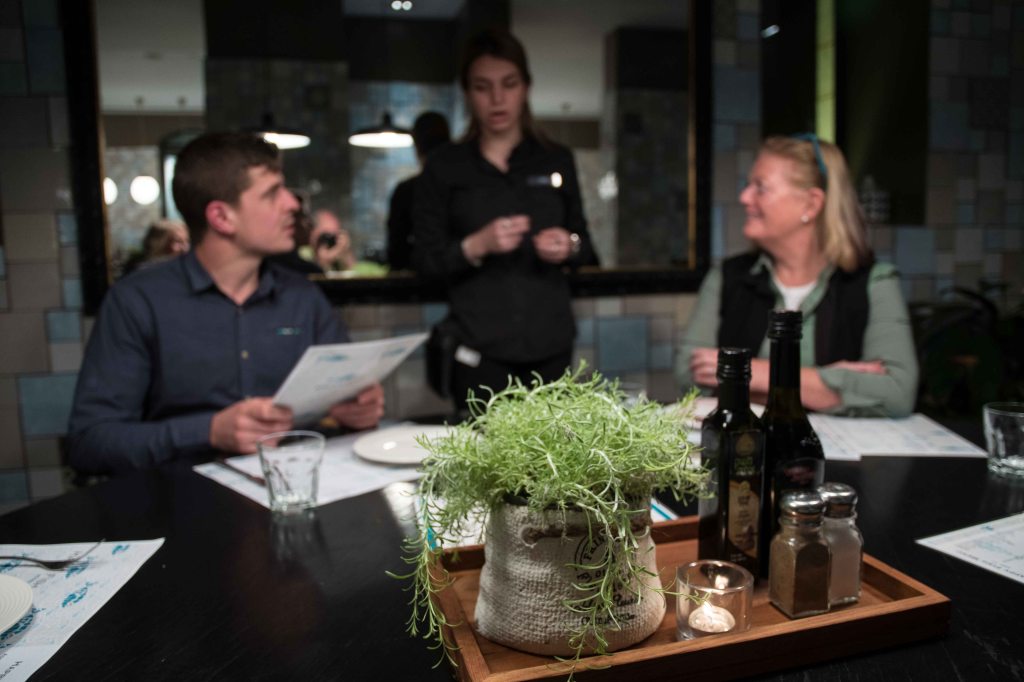 Having dinner at the Happy Fish restaurant, Mamilla Hotel, Jerusalem